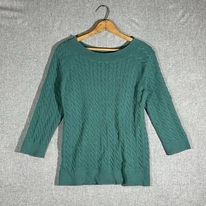 LOFT Teal Cable Knit Sweater Women's Size Large 100% Cotton